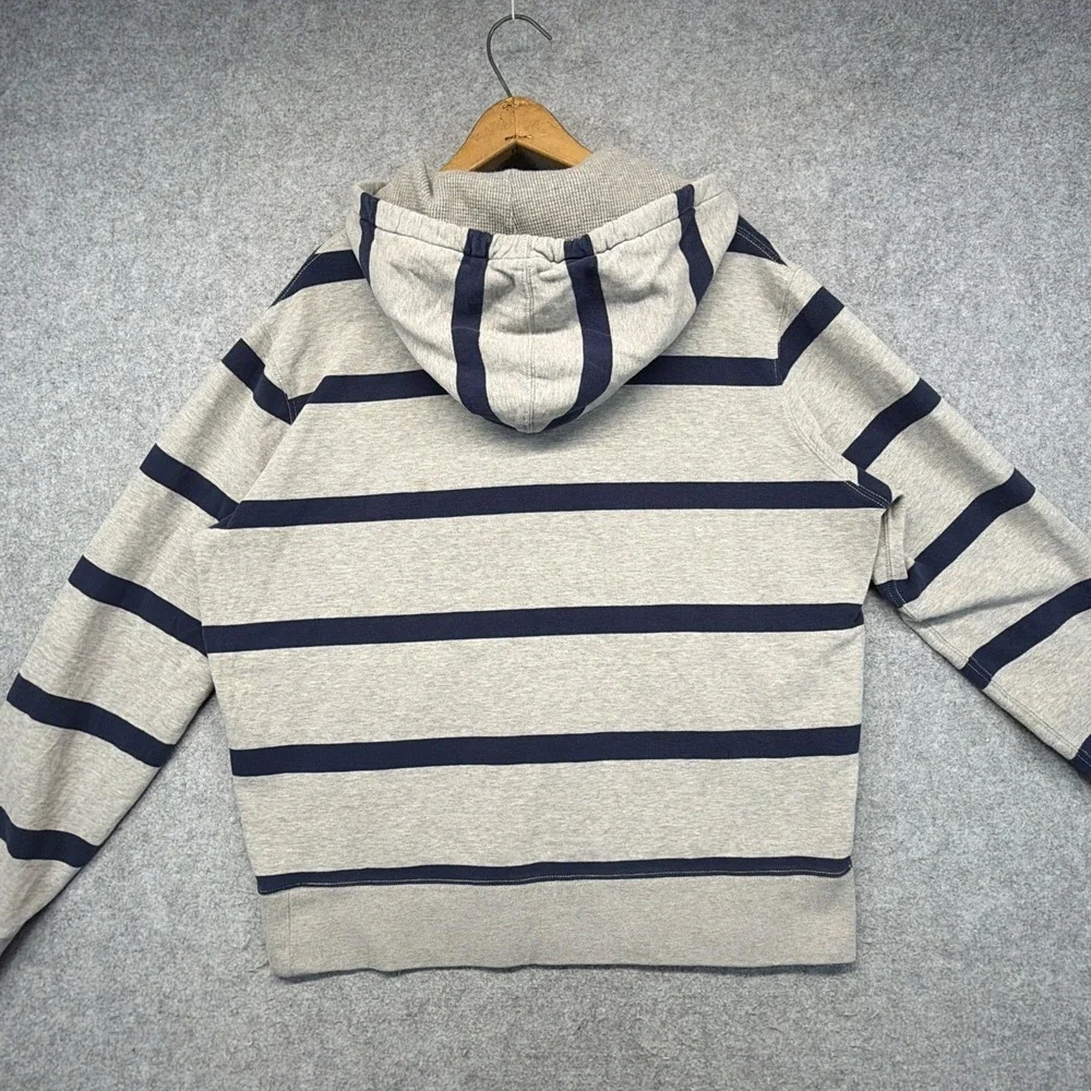 Polo Ralph Lauren Gray Blue Striped Rugby Hoodie Polo Shirt Long Sleeve Men XL